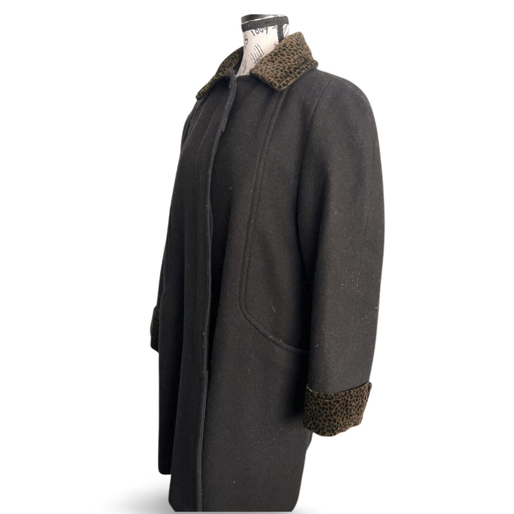 🇨🇦 90s Lindor Black Wool Coat with Leopard Collar And Cuff Size Medium (10) - Picture 3 of 7